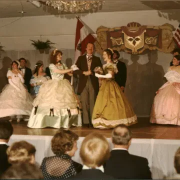 students dancing at Viennese Ball in 1981, hoop skirts